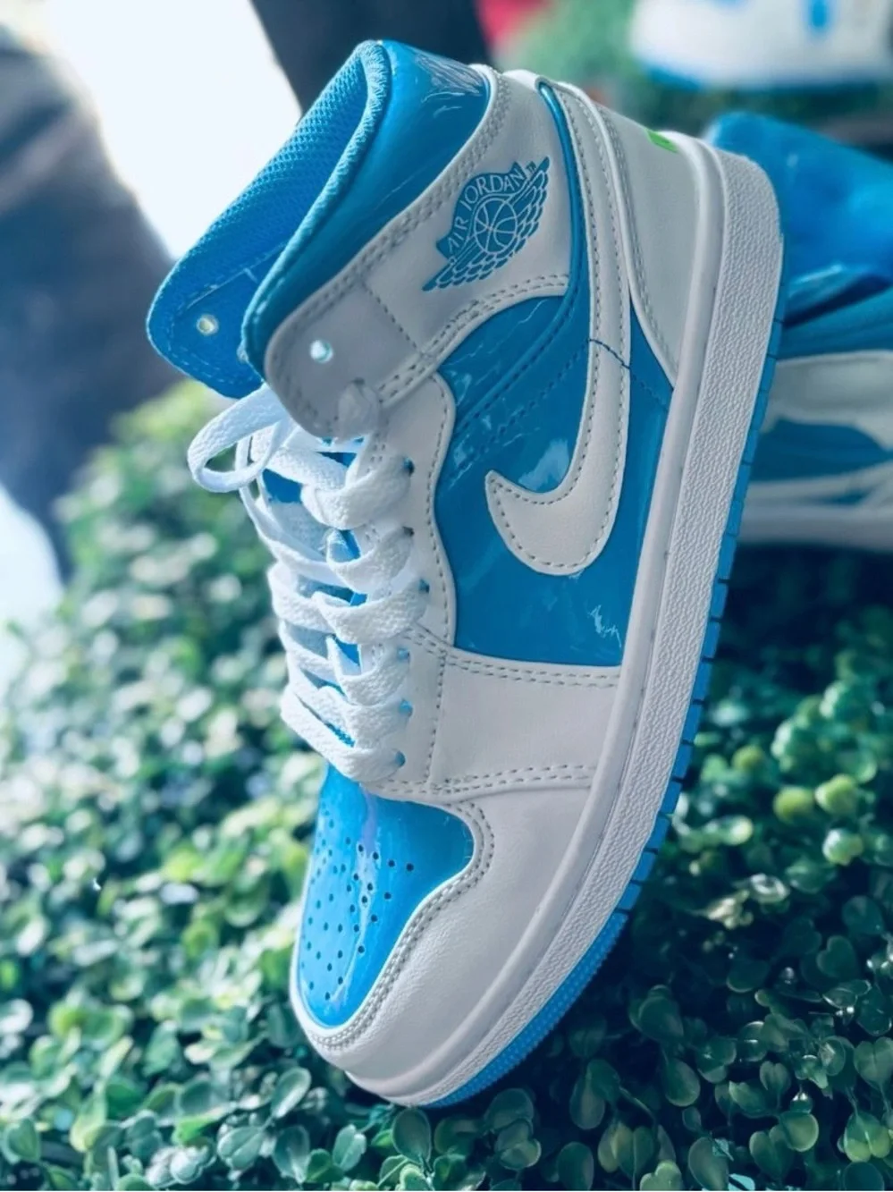 Jordan White and Bright Blue Retro High-Top Sneakers